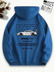 Nueva sudadera con capucha de moda para hombres con un diseño de coche genial, perfecta para uso diario casual. Tiene un cordón ajustable, forro de felpa y gráficos de personajes únicos con impresiones de letras en inglés, junto con un bolsillo canguro frontal. - Negro - Ver 5