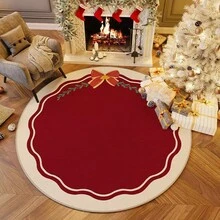 1pc Red Background White Trim Christmas Gift Round Rug, Deluxe Plush Christmas Carpet, Polyester Fluffy Soft Asymmetrical Shape Mat, Suitable For Bedroom, Entryway And Porch - Non-Slip, Machine Washable, High Pile, Fit For Christmas, Thanksgiving, St. Patrick's Day Carpet Rug Kitchen Rug Bathroom Decor - Multicolor - View 2