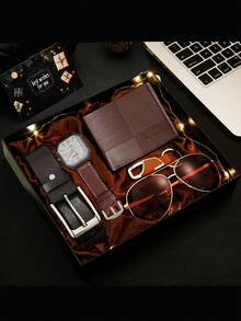 7-Piece Men's Fashion Classic Gift Set, Includes Watch, Wallet, Hair Trimmer, Glasses, Keychain, Atmosphere LED Light, Greeting Card & Gift Box, Perfect Birthday, Father's Day Gift And Daily Accessories - Brown - View 3