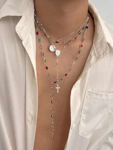 4pcs Set Retro Luxurious Colorful Crystal Y-Necklace, Men's Punk Metal Jesus Cross Pendant Long Necklace Set - Four-piece Necklace Set - View 4