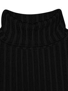 Women's Casual High Neck Solid Color Long Sleeve Brushed Ribbed Knit T-Shirt, Autumn/Winter Black - Black - View 6