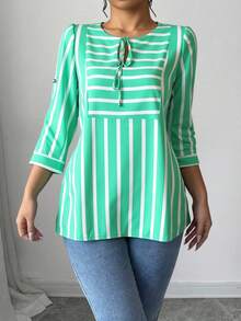 Blusa mujer verde rayas manga tres cuartos moderna fresca comoda larga casual cordon al frente - Verde - Ver 1