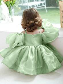 Baby Girls 0-3 Years Old Mint Green Puff Sleeve Bow Tie Elegant Dress, Princess Dress Suitable For 1 Year Old Birthday Party, Wedding Flower Girl, Holiday Celebration - Mint Green - View 2