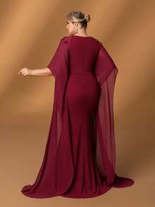 Faeriesty Mosy Plus Classic Round Neck Elegant Cape Sleeve Fish-Tail Plus-Size Mother Of The Bride Dress For Formal Weddings, Grand Galas, Lavish Evening Dinners, Prestigious Proms, And Upscale Red Carpet Events – Flattering Design For Ultimate Confidence In High-End Occasions
