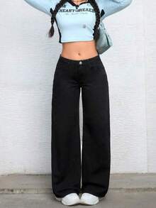 少女时尚纯色直筒牛仔裤 - 黑色 - 查看 2