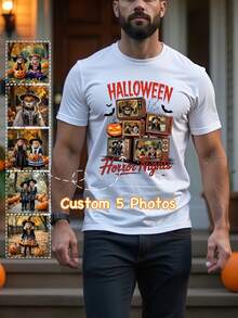 1 pieza Camiseta personalizada de Halloween para hombres con patrones personalizables, simple, elegante, cómoda y transpirable. El diseño personalizado y único de la ropa de hombre es un excelente regalo sorpresa para tu novio en Navidad, aniversario de boda o cumpleaños.