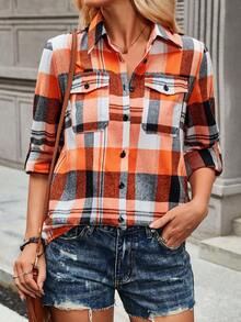 Áo sơ mi nữ chất liệu polyester, họa tiết kẻ caro, có túi ở cổ tay, kiểu dáng sinh viên, thích hợp cho đi làm và đi nghỉ mát, cổ bẻ, mùa thu/đông/xuân. - trái cam - Xem 2