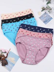 6 Pairs Of Women's Printed Mid-Rise Briefs - Soft, Comfortable And Elegant Daily Underwear, In Navy Blue/Black And White, Beige And Pink Green, Light Blue And Brown Purple, Dark Gray And Multicolor, And Lavender With Flowers | Casual Wear | Premium Fabric - 彩色 - 查看 7