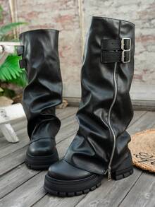 2025 Nuevas botas de uniforme para mujer, de cuero con punta redonda y tacón grueso, con pliegues y diseño de plataforma alta, con cremallera lateral y hebilla. Botas de media pantorrilla en beige, adecuadas para uso diario, exterior, otoño, invierno y primavera. Botas de motociclista de moda para damas, hasta la rodilla. - Negro - Ver 4