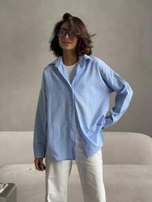 Women's Oversized Striped Light Blue Office Shirt,Women's Korean Style Blouse - Vertical Stripes, Long Sleeve Office & Daily Wear Blue/White Horizontal Stripes Classic Button Front Shirt, Loose Fit Button-Up Top, All-Season Casual Formal Wear, Versatile Fabric, Retro Collar Design, Durable Fabric, Workwear, Breathable Material, Professional Women's Shirt, Women's Blouse