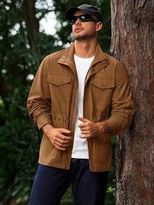 Mens Military Jacket Full Zip And Button  Field Jacket Multi Pocket Cargo Outdoor Coathalloween - 棕色 - 查看 5