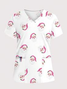 cimmuovere Plus Size Damska koszulka z dekoltem w serek i krótkim rękawem, z nadrukiem Świętego Mikołaja, z nadrukiem, do pielęgniarstwa, odzież robocza, do dentysty, dla zwierząt, do szpitala, laboratorium