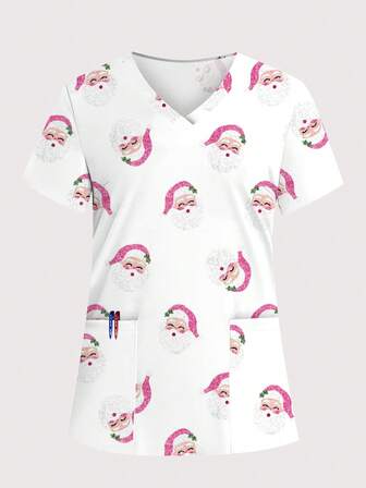 cimmuovere Plus Size Women's V-Neck Short Sleeve Christmas Santa Claus Print Scrubs Nurse Scrubs Workwear Dentist Healthcare Pet Hospital Laboratory Top
