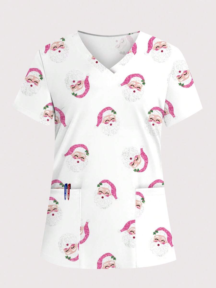 cimmuovere Plus Size Damska koszulka z dekoltem w serek i krótkim rękawem, z nadrukiem Świętego Mikołaja, z nadrukiem, do pielęgniarstwa, odzież robocza, do dentysty, dla zwierząt, do szpitala, laboratorium