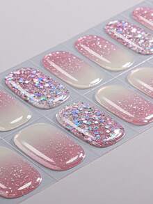 16片粉色半固化凝胶美甲贴纸，激光闪粉渐变自粘凝胶美甲贴，轻松美甲，沙龙品质，女士DIY美甲贴纸