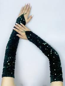 1 对闪亮亮片露指天鹅绒圣诞臂套，派对服装配饰，适合所有季节