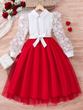 Girls' Long Sleeve Floral Mesh Patchwork Bowknot Waist Shirt Dress, Spring/Autumn