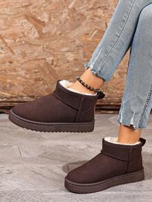 Modne buty damskie w jednolitym kolorze z grubą podeszwą, trampki na platformie, buty do chodzenia na świeżym powietrzu, uniwersalne buty materiałowe, ciepłe krótkie buty z podszewką, futrzane buty, minimalistyczne, duże, brązowe śniegowce w kolorze kawy, wsuwane buty na święta, futrzane buty