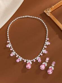 1 Set Pink & White Zirconia Embedded Necklace & Earrings Jewelry Set, Gorgeous Design With Teardrop Gemstones, Suitable For Formal Occasions Like Gala, Wedding (Assorted Colored Crystals)
