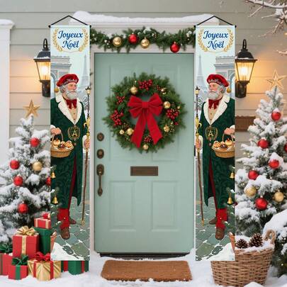 1 Set Bandera colgante de Navidad francesa "Joyeux Noël", decoración navideña francesa para puerta, bandera colgante de fiesta navideña francesa, decoración del hogar, bandera colgante para interior/exterior, suministros para fiestas