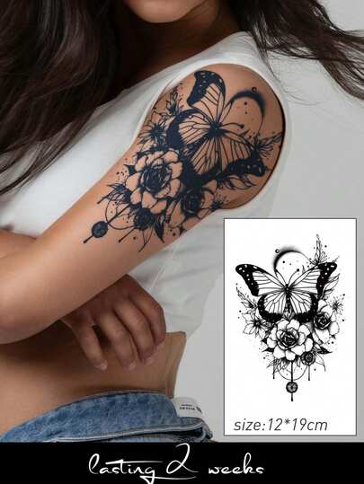 CAT QUEEN ART 1 Pack Natural Plant-Based Juice Tattoo Stickers, Semi-Permanent Minimalist Style, Butterfly & Floral Patterns, Realistic Temporary Tattoos, Suitable For Daily, Party, Holiday Gifts, Lasts 1-2 Weeks, Waterproof, Fade-Resistant, Applicable To Arms, Thighs, Waist, Abdomen