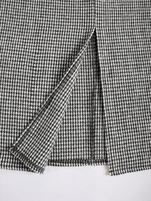 EARO 法式复古女式休闲简约舒适日常百搭束腰千鸟格褶前开衩高腰松紧腰修身性感优雅宽松 OL 职业紧身裙，春秋 - 黑與白 - 查看 6