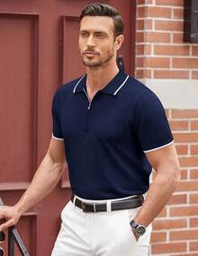 Men's Zipper Polo Shirt Casual Knit Short Sleeve Polo T Shirt Classic Fit Shirts - 藏蓝色 - 查看 4