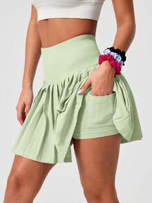 Leorrey 1pc Women's Seamless Casual Comfortable Solid Color High Waist Anti-Flashing Sweet Pleated Tennis Running Workout Mini Skirt - Green - View 8