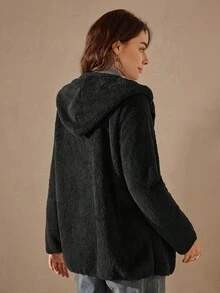 Wildy 女式休闲宽松黑色双面羊毛连帽夹克，秋冬