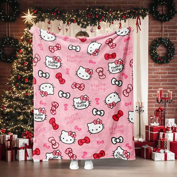 Sanrio 1 pieza Manta con estampado digital del personaje de dibujos animados Hello Kitty con lazo rosa de Sanrio, cálida, suave, perfecta para el sofá en la sala de estar o la cama en el dormitorio, regalo acogedor para otoño/invierno, Navidad