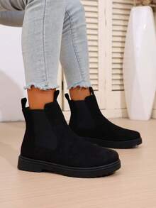 New Autumn Women's Chunky Heel Short Chelsea Boots, Inner Increased Height, Western Style Side Zipper - Black - View 4