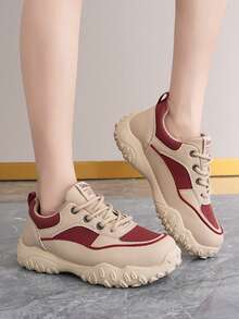 New Women Outdoor Casual Shoes, Thick Sole, Lightweight, Versatile, Breathable, Round Toe, White Sneakers - Card Red - View 1