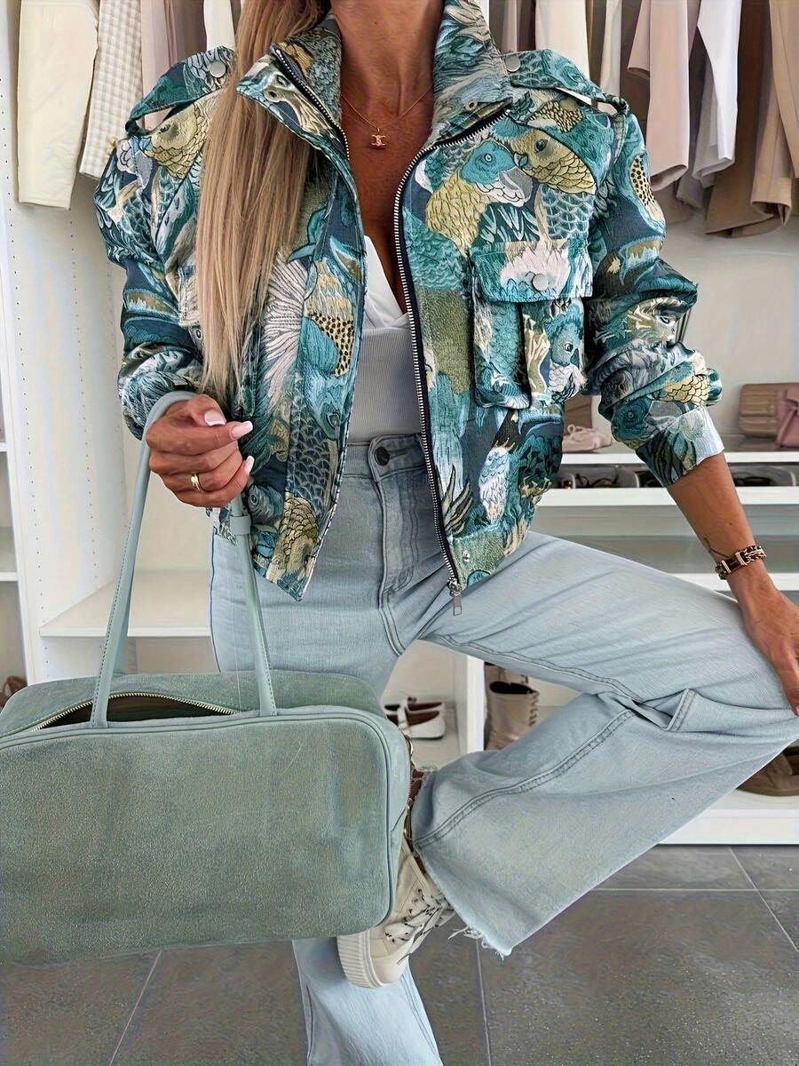 New Casual Vintage Ocean Animal Print Front Button Pocket Zipper Jacket Coat For Women, Suitable For Halloween, Christmas, Outdoor, Commute, Daily, Travel Spring