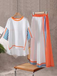 2pcs Women Casual Striped Print Off Shoulder Top With Slit Sleeve And Wide Leg Pants, Bohemian Style - Orange - View 4