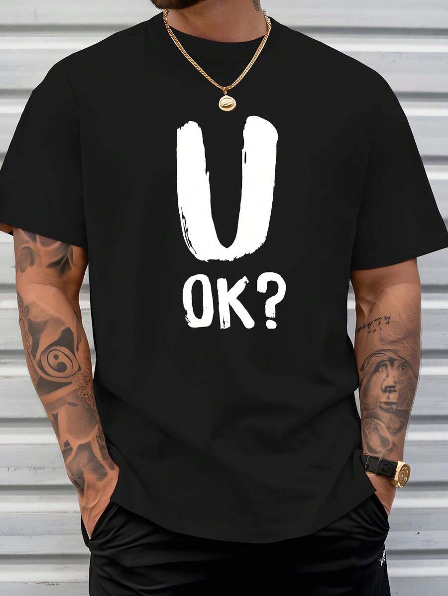 Camiseta de Verano de Manga Corta para Hombre U ok con Impresión del Logo U ok - Top Casual de Playa Transpirable con Cuello Redondo, Versátil para la Piscina y Atuendo Casual, Esencial de Primavera/Verano (Ajuste Regular, Manga Corta) - Estilo Disponible para s & - Negro - Ver 1