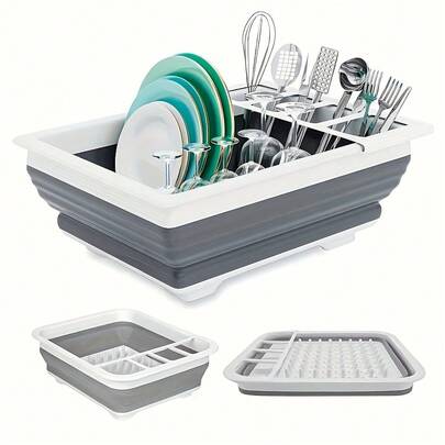 Foldable Dish Drying Rack With Cutlery Holder - Space Saving, Adjustable Height, Foldable Design For Home, RV, Camping - Durable Plastic Dish Rack For Travel Trailers And RVs, Dish Drying Rack On Kitchen Counter, RV Kitchen Accessories, Modern Kitchen Supplies, Sturdy Construction, No Batteries Required