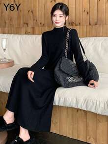 [Y6Y] 女士长袖高领针织毛衣连衣裙，高弹黑色长裙，适合秋冬季作为内搭，可搭配外套和毛衣穿着 - 黑色 - 查看 4