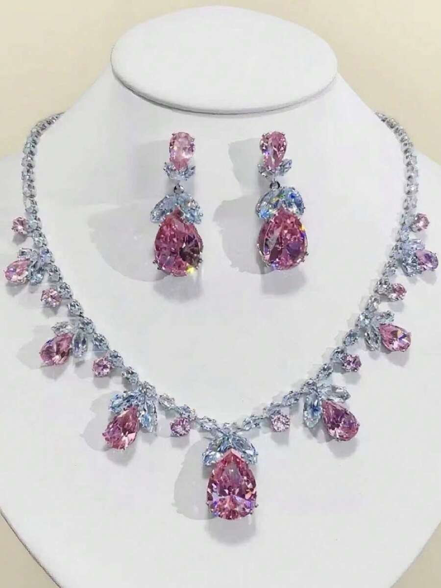 1 Set Pink & White Zirconia Embedded Necklace & Earrings Jewelry Set, Gorgeous Design With Teardrop Gemstones, Suitable For Formal Occasions Like Gala, Wedding (Assorted Colored Crystals)