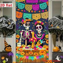 Bandera de fiesta en 2D, material de poliéster, diseño de calavera temática del Día de los Muertos mexicano para colgar en el marco de la puerta, adecuado para decoración de fiestas, arreglo de habitaciones y porches, sin necesidad de electricidad