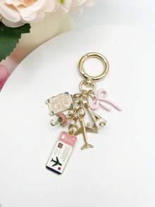 1pc Elegant Pink Bow Travel Keychain Pendant, Oil Drop Airplane, Eiffel Tower, DIY Jewelry, Handbag Charm, Luggage Decoration, Shoulder Bag Accessory, Multifunctional Bag Charm, Car Decor, Cute Gothic Y2K Style, Holiday Gift