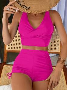 Conjunto De Tankini De Espalda Cruzada Descubierta De Unicolor, Para Playa En Verano,Bikini,Traje De Baño 2 Piezas,Trajes De Baño Mujer Dos Piezas,Trajes De Baño Mujer - Púrpura - Ver 2