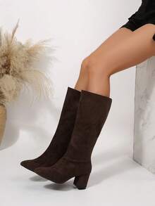 Fall/Winter Women's Fashionable Retro Brown Chunky Heel Side Zipper Knee-High Boots,Party - Coffee Brown - View 2