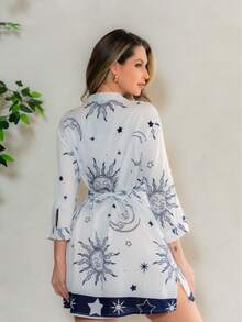 KIARA BRAZIL Vestido Curto Indiano Boho Chic com Estampa Astrológica de Sol e Lua, Decote V e Manga Longa Perfeito para o Verão-GE00290 - Branco - Visão 4