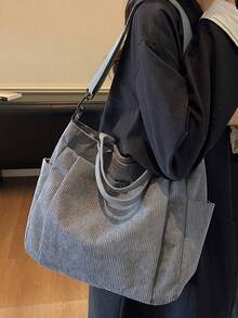 女士灯芯绒复古托特包，多口袋休闲单肩包，斜挎包，学生背包，办公手提包，大容量可折叠购物袋 - 灰色 - 查看 5