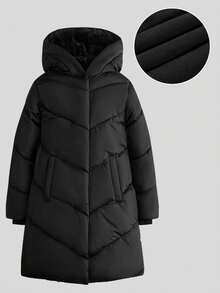 SOLOCOTE 少女长袖连帽拉链口袋羽绒服，加厚冬季休闲外套，适合圣诞派对