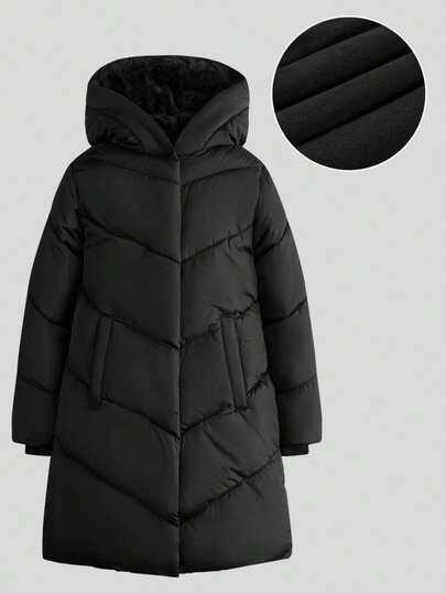 SOLOCOTE 少女长袖连帽拉链口袋羽绒服，加厚冬季休闲外套，适合圣诞派对