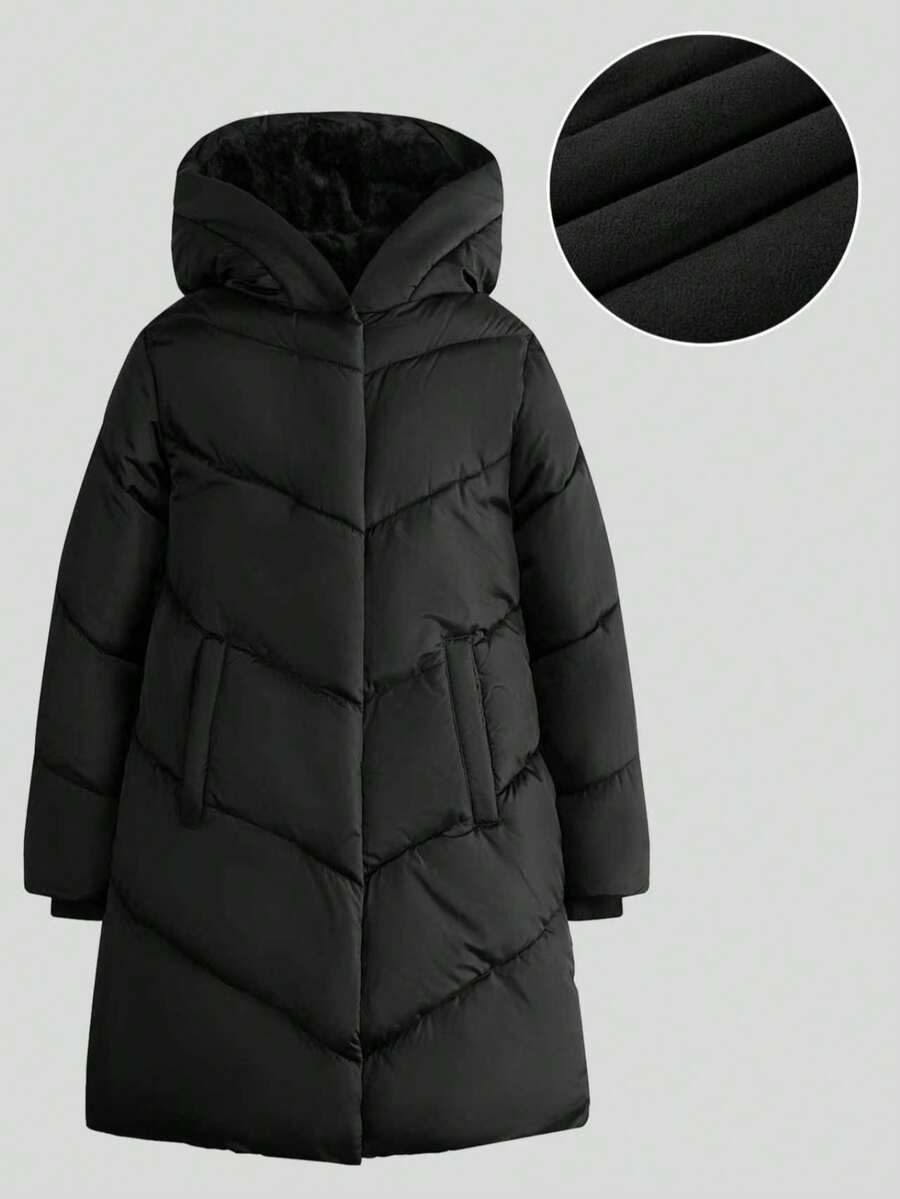 SOLOCOTE 少女长袖连帽拉链口袋羽绒服，加厚冬季休闲外套，适合圣诞派对