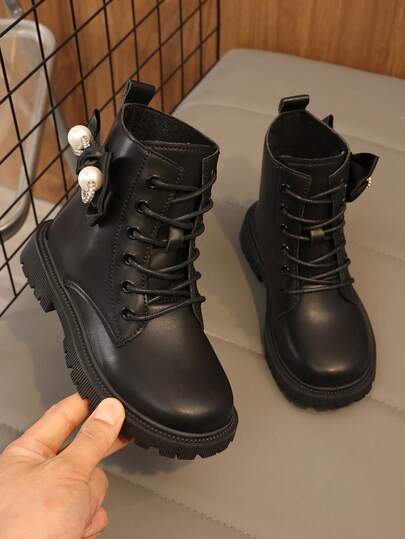 1 双女童户外休闲运动踝靴，仿珍珠花朵设计，平底登山靴，圆头系带防滑靴，适合所有季节，街头时尚酷炫登山靴