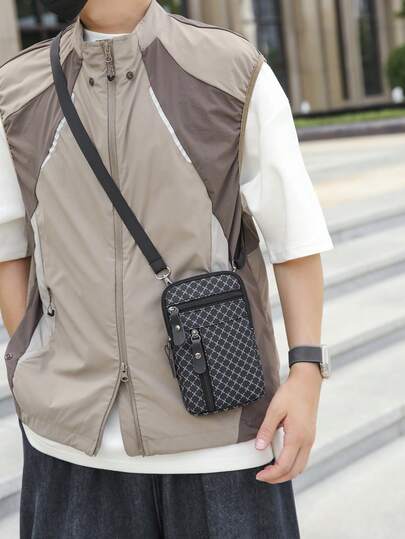 1pc Solid Color Geometric Pattern Zipper Closure Multi-Functional Running Bag, Phone Bag, Wallet, Crossbody Bag, New Sports Bag With Large Capacity For Men