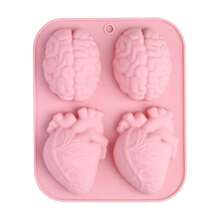 Gehirn Herz Halloween Schokoladen Bonbon Silikon Formen, 4 Löcher 3D Gehirn Herz Form Schokoladen Seife Formen, DIY Kekse Bonbons Gummibärchen Schokoladen Formen Eiswürfelbehälter